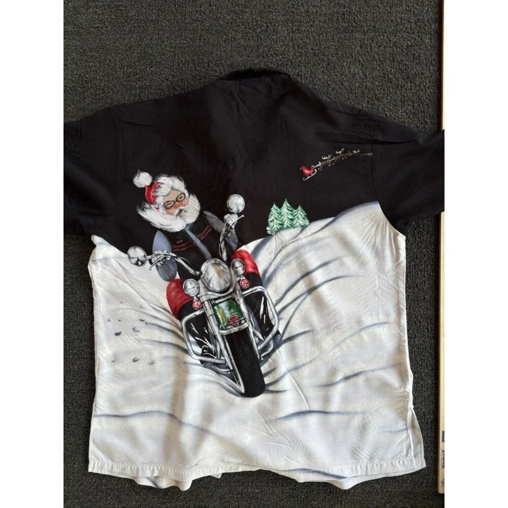 Men’s XL Santa Claus Motorcycle Biker Christmas Button-Up Shirt‎ Black
